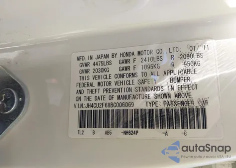 2011 Acura Tsx 2.4 from USA, damaged, VIN JH4CU2F68BC006069